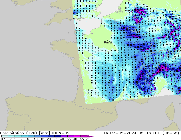 Precipitation (12h) ICON-D2 Th 02.05.2024 18 UTC