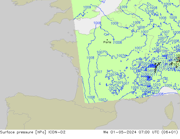 Surface pressure ICON-D2 We 01.05.2024 07 UTC