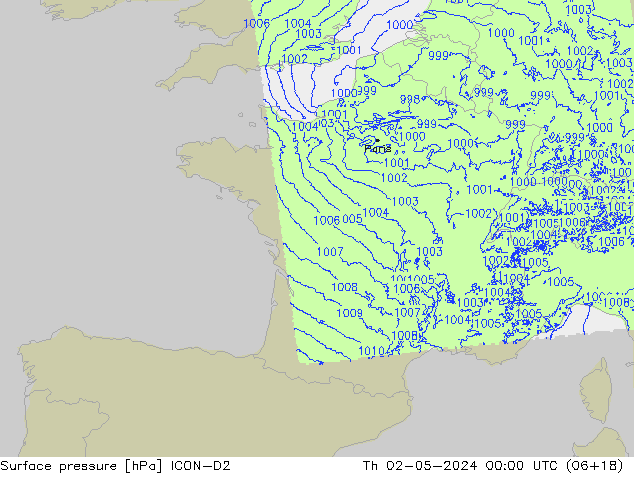 Atmosférický tlak ICON-D2 Čt 02.05.2024 00 UTC