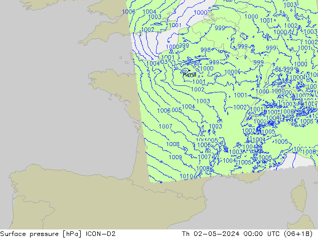 Surface pressure ICON-D2 Th 02.05.2024 00 UTC