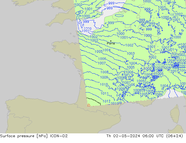 Surface pressure ICON-D2 Th 02.05.2024 06 UTC