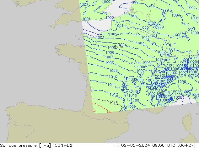 pression de l'air ICON-D2 jeu 02.05.2024 09 UTC