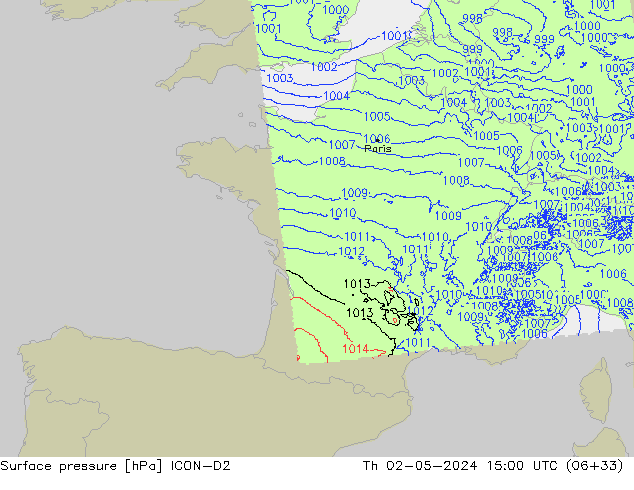 Presión superficial ICON-D2 jue 02.05.2024 15 UTC