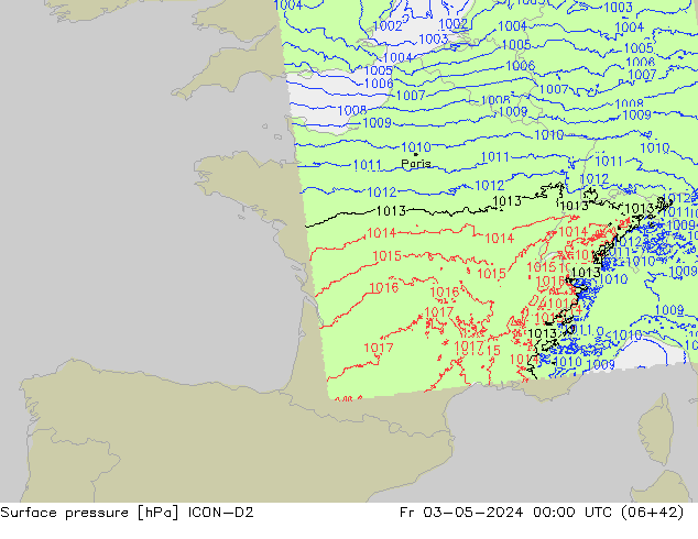 Pressione al suolo ICON-D2 ven 03.05.2024 00 UTC