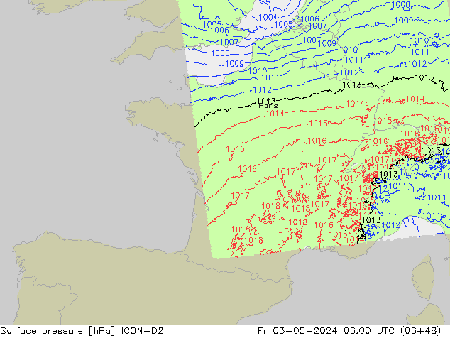 Luchtdruk (Grond) ICON-D2 vr 03.05.2024 06 UTC