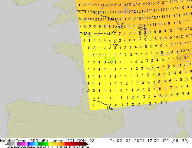 Height/Temp. 850 hPa ICON-D2 Th 02.05.2024 12 UTC