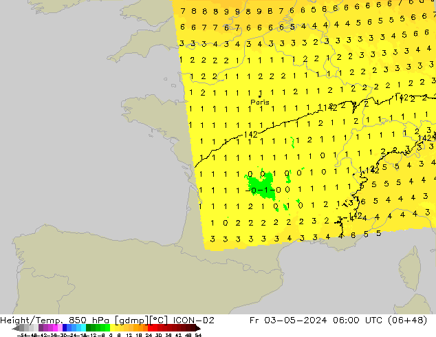 Height/Temp. 850 hPa ICON-D2 ven 03.05.2024 06 UTC