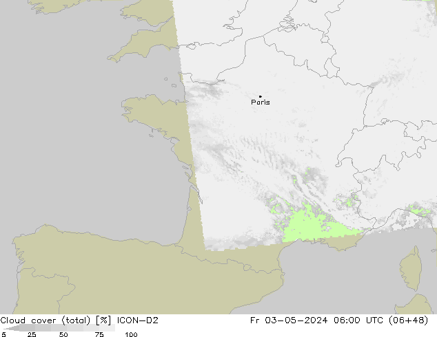 Cloud cover (total) ICON-D2 Fr 03.05.2024 06 UTC