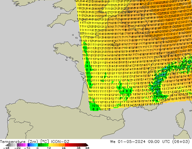 Sıcaklık Haritası (2m) ICON-D2 Çar 01.05.2024 09 UTC