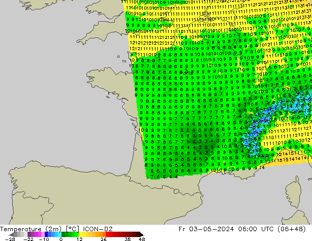 Temperature (2m) ICON-D2 Pá 03.05.2024 06 UTC