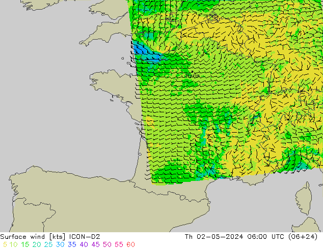 wiatr 10 m ICON-D2 czw. 02.05.2024 06 UTC