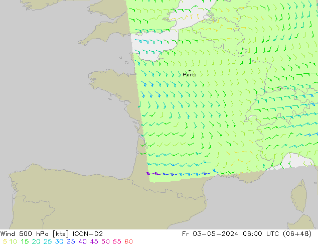 ветер 500 гПа ICON-D2 пт 03.05.2024 06 UTC