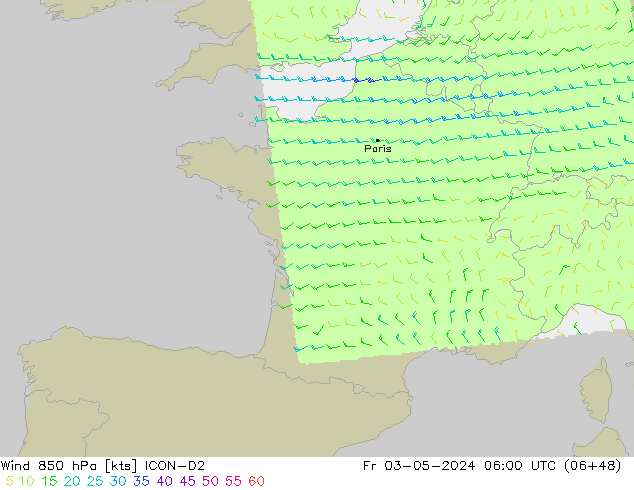 Wind 850 hPa ICON-D2 Pá 03.05.2024 06 UTC