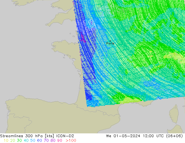 Línea de corriente 300 hPa ICON-D2 mié 01.05.2024 12 UTC