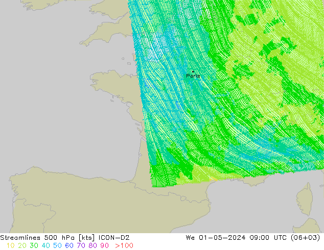 Stromlinien 500 hPa ICON-D2 Mi 01.05.2024 09 UTC