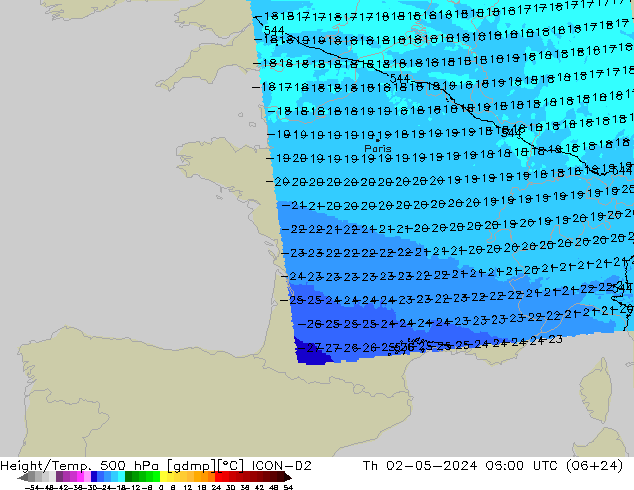 Height/Temp. 500 hPa ICON-D2 Th 02.05.2024 06 UTC