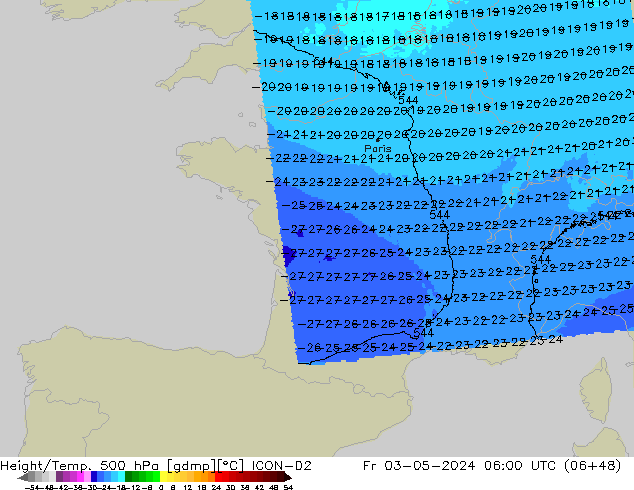 Height/Temp. 500 hPa ICON-D2 Sex 03.05.2024 06 UTC