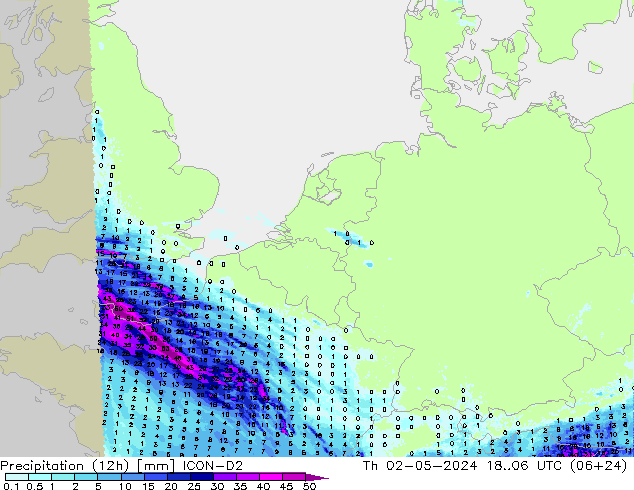 Precipitazione (12h) ICON-D2 gio 02.05.2024 06 UTC