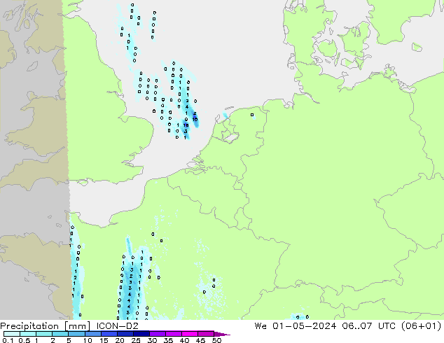 Precipitation ICON-D2 We 01.05.2024 07 UTC