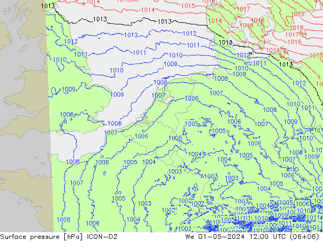 Presión superficial ICON-D2 mié 01.05.2024 12 UTC