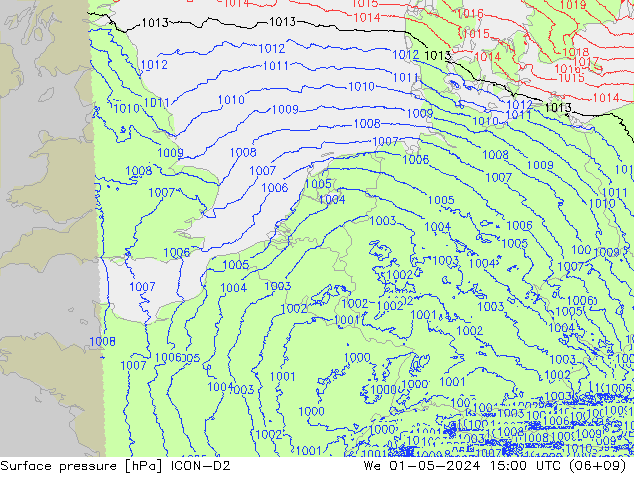 Surface pressure ICON-D2 We 01.05.2024 15 UTC