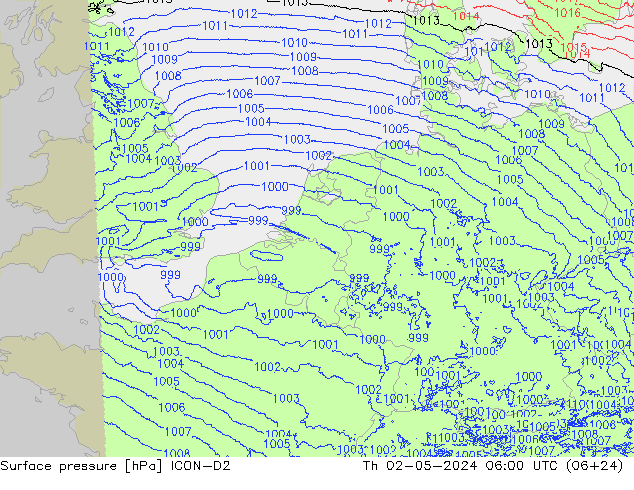 Pressione al suolo ICON-D2 gio 02.05.2024 06 UTC