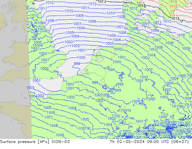 Surface pressure ICON-D2 Th 02.05.2024 09 UTC