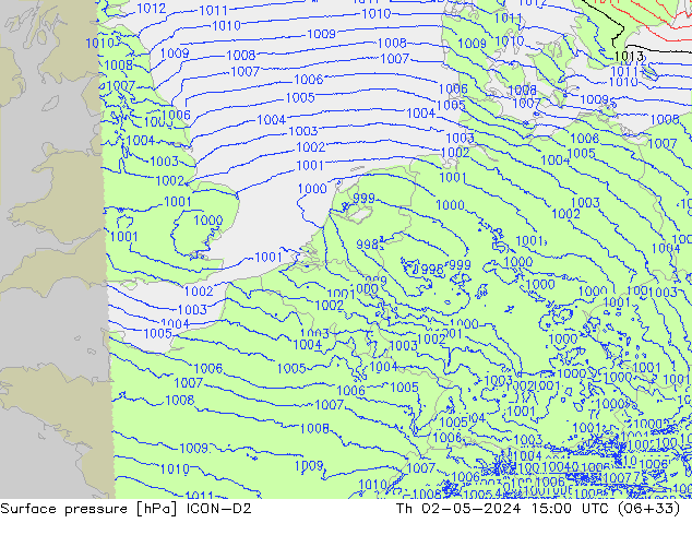 Surface pressure ICON-D2 Th 02.05.2024 15 UTC