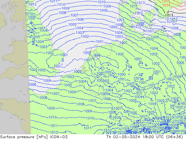 Surface pressure ICON-D2 Th 02.05.2024 18 UTC