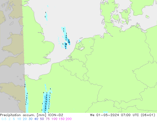 Precipitation accum. ICON-D2 We 01.05.2024 07 UTC