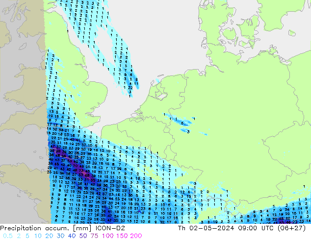 Nied. akkumuliert ICON-D2 Do 02.05.2024 09 UTC