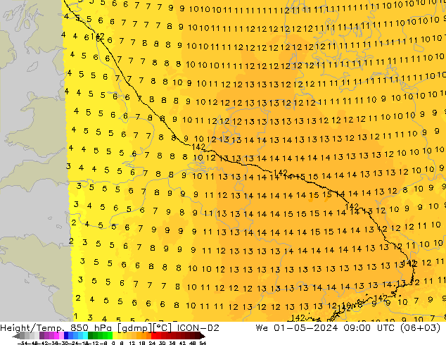 Height/Temp. 850 hPa ICON-D2 Qua 01.05.2024 09 UTC