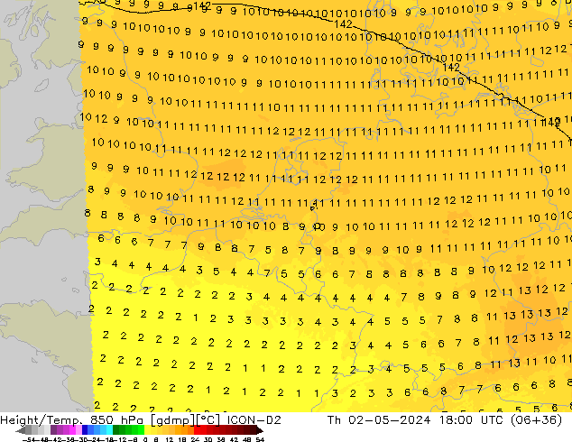 Height/Temp. 850 hPa ICON-D2 Th 02.05.2024 18 UTC