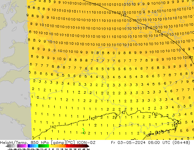 Hoogte/Temp. 850 hPa ICON-D2 vr 03.05.2024 06 UTC