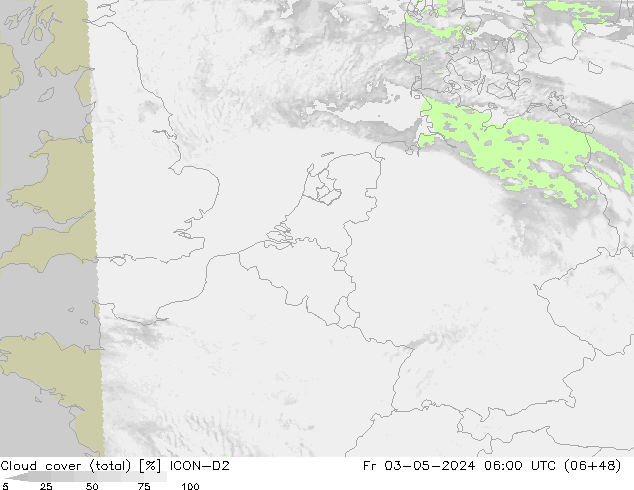 Cloud cover (total) ICON-D2 Fr 03.05.2024 06 UTC