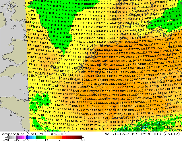 Temperature (2m) ICON-D2 We 01.05.2024 18 UTC