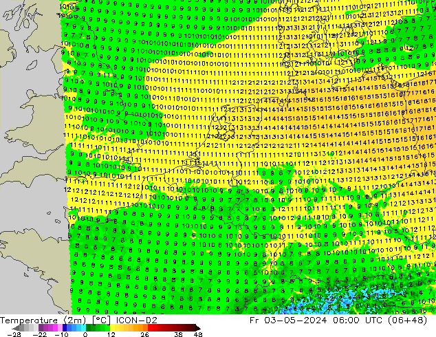 mapa temperatury (2m) ICON-D2 pt. 03.05.2024 06 UTC