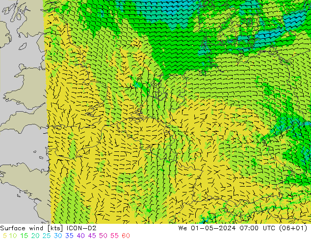 Surface wind ICON-D2 St 01.05.2024 07 UTC