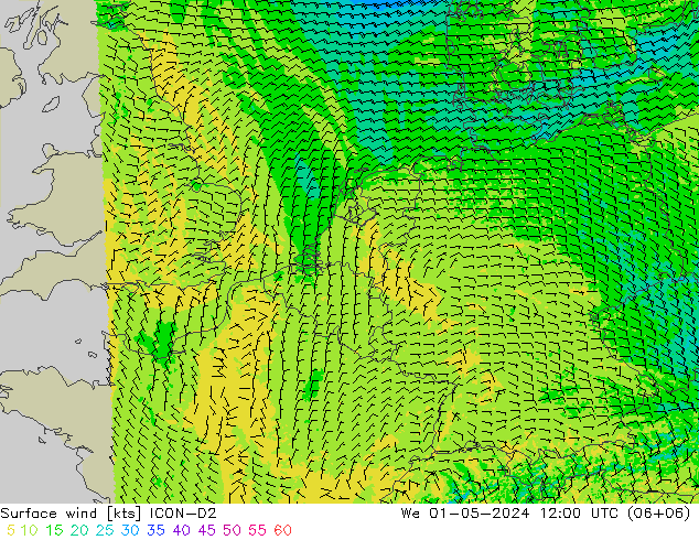 Surface wind ICON-D2 We 01.05.2024 12 UTC