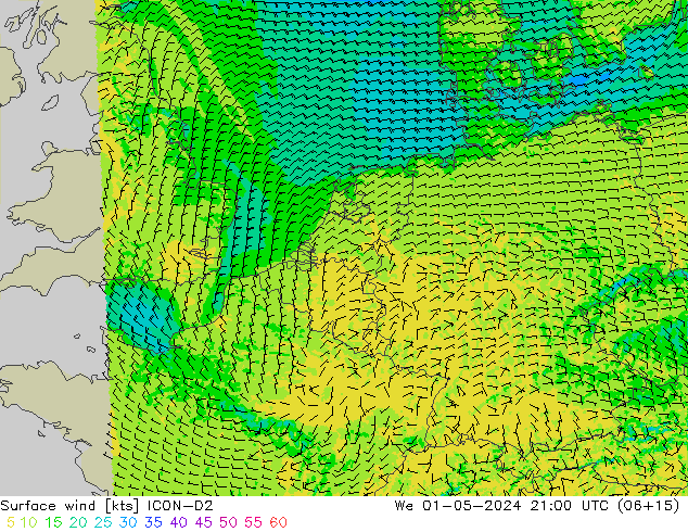 Bodenwind ICON-D2 Mi 01.05.2024 21 UTC