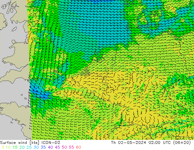 Bodenwind ICON-D2 Do 02.05.2024 02 UTC