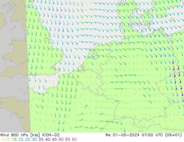 Vento 850 hPa ICON-D2 Qua 01.05.2024 07 UTC