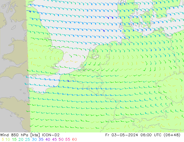 Vento 850 hPa ICON-D2 Sex 03.05.2024 06 UTC