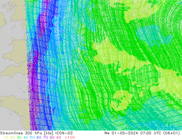 Streamlines 300 hPa ICON-D2 We 01.05.2024 07 UTC