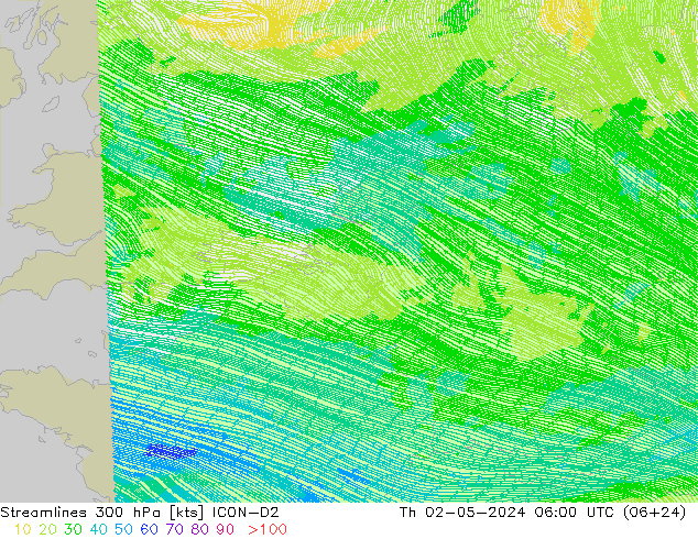 Linea di flusso 300 hPa ICON-D2 gio 02.05.2024 06 UTC