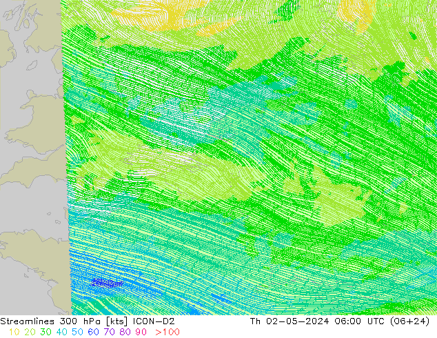 Streamlines 300 hPa ICON-D2 Th 02.05.2024 06 UTC