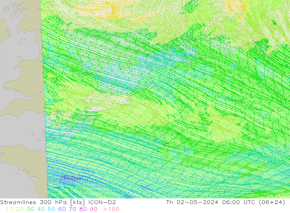 Linea di flusso 300 hPa ICON-D2 gio 02.05.2024 06 UTC