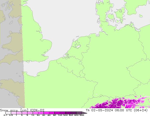 Snow accu. ICON-D2 gio 02.05.2024 06 UTC