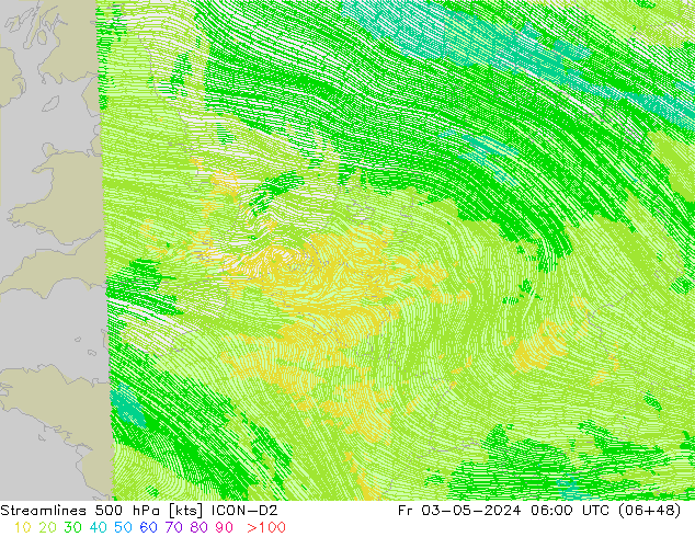 Linia prądu 500 hPa ICON-D2 pt. 03.05.2024 06 UTC