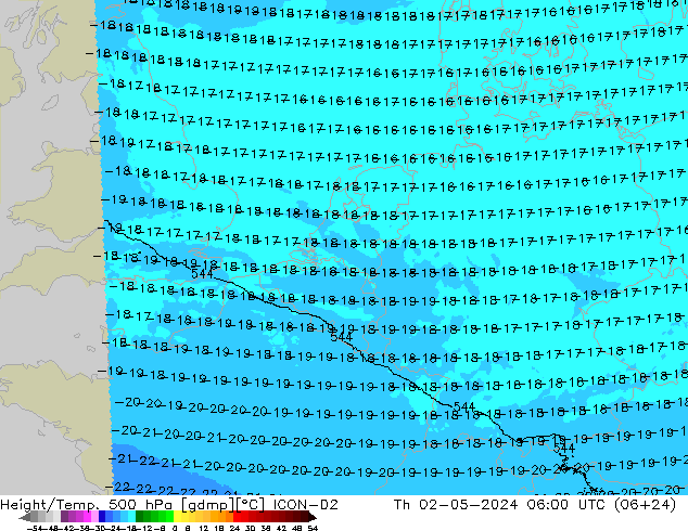 Height/Temp. 500 hPa ICON-D2 Th 02.05.2024 06 UTC